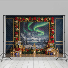 Aperturee - Aperturee Christmas Northern Lights Photography Backdrop Aurora Borealis Painting with Poinsettias Holiday Photo Background