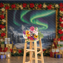 Aperturee - Aperturee Christmas Northern Lights Photography Backdrop Aurora Borealis Painting with Poinsettias Holiday Photo Background