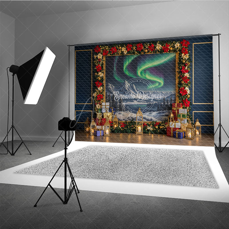 Aperturee - Aperturee Christmas Northern Lights Photography Backdrop Aurora Borealis Painting with Poinsettias Holiday Photo Background