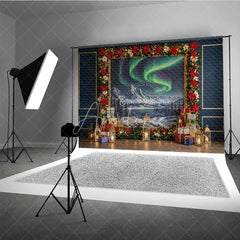 Aperturee - Aperturee Christmas Northern Lights Photography Backdrop Aurora Borealis Painting with Poinsettias Holiday Photo Background