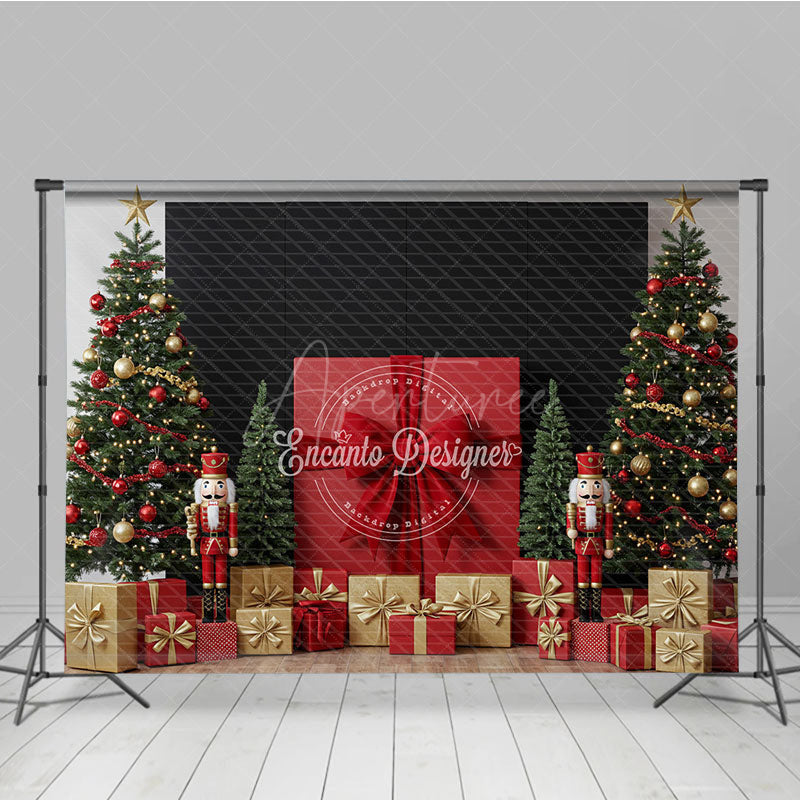 Aperturee - Aperturee Christmas Nutcracker Photography Backdrop Giant Red Present with Trees Holiday Mini Session Background