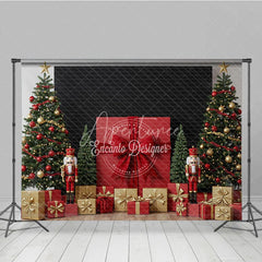 Aperturee - Aperturee Christmas Nutcracker Photography Backdrop Giant Red Present with Trees Holiday Mini Session Background
