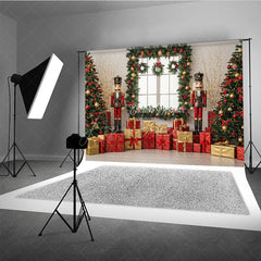 Aperturee - Aperturee Christmas Nutcracker Photography Backdrop Toy Soldiers with Trees and Presents Holiday Mini Session Background