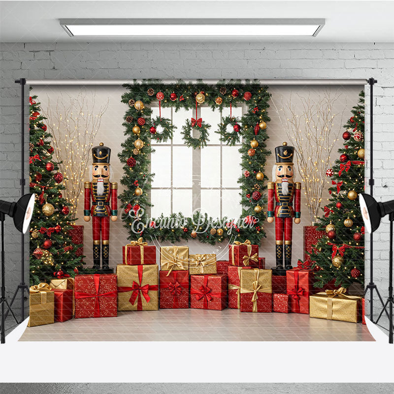 Aperturee - Aperturee Christmas Nutcracker Photography Backdrop Toy Soldiers with Trees and Presents Holiday Mini Session Background