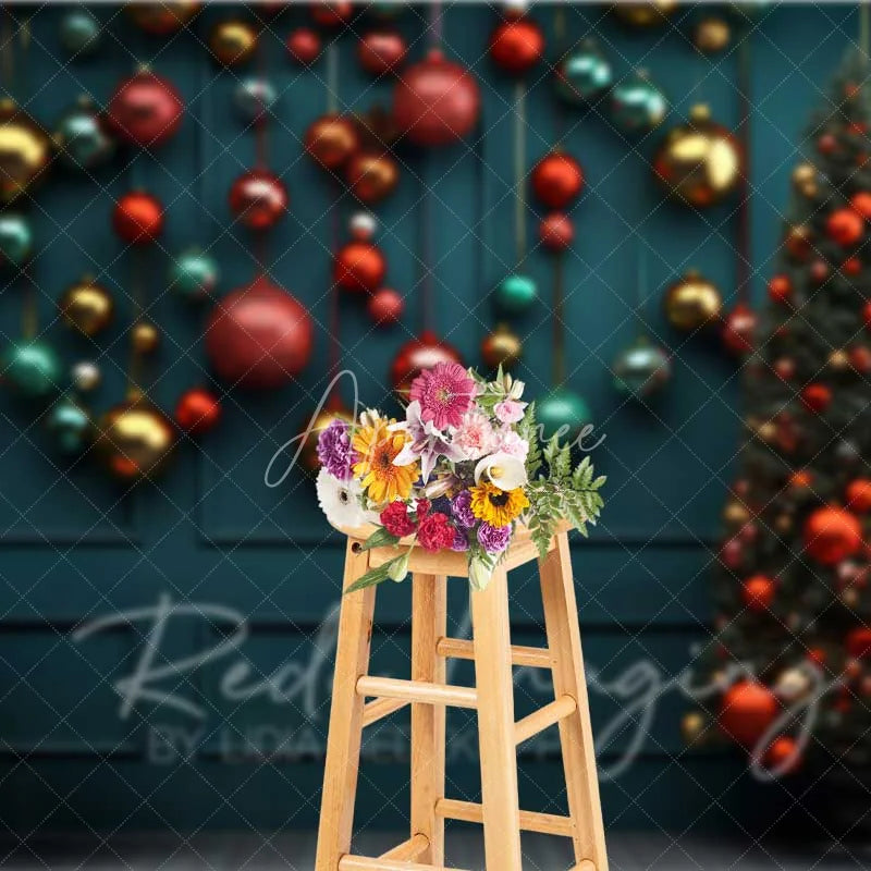 Aperturee - Aperturee Christmas Ornaments Backdrop Dark Teal Wall Hanging Red Gold Baubles Tree Photo Background