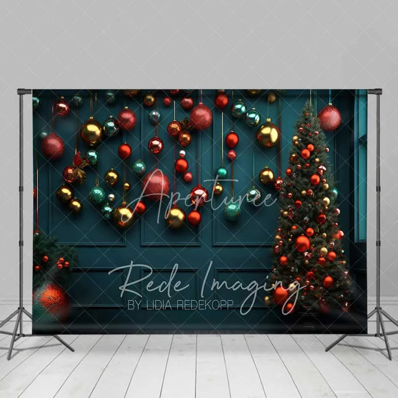 Aperturee - Aperturee Christmas Ornaments Backdrop Dark Teal Wall Hanging Red Gold Baubles Tree Photo Background