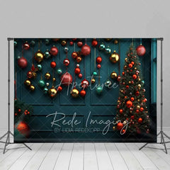 Aperturee - Aperturee Christmas Ornaments Backdrop Dark Teal Wall Hanging Red Gold Baubles Tree Photo Background