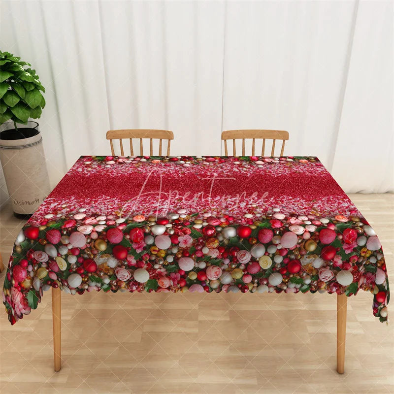 Aperturee - Aperturee Christmas Ornaments Rectangle Tablecloth Red Glitter with Floral Border Elegant Holiday Table Cover