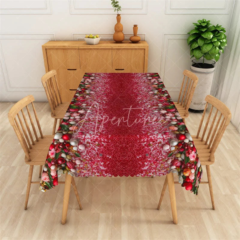 Aperturee - Aperturee Christmas Ornaments Rectangle Tablecloth Red Glitter with Floral Border Elegant Holiday Table Cover