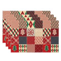 Aperturee - Aperturee Christmas Patchwork Set of 4 Placemats Red Green Quilt Pattern Rustic Farmhouse Holiday Table Mats