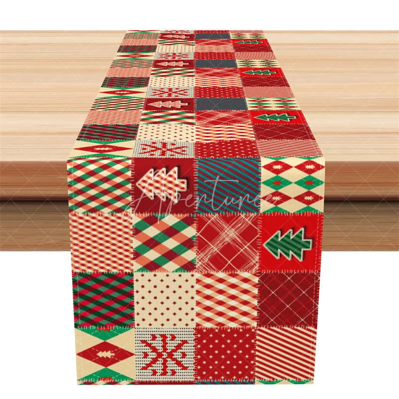 Aperturee - Aperturee Christmas Patchwork Table Runner Red Green Quilt Pattern Rustic Farmhouse Holiday Table Decor