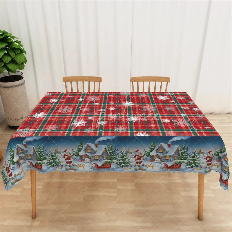 Aperturee - Aperturee Christmas Plaid Rectangle Tablecloth Red Green Tartan with Snowman Snowflake Holiday Table Cover