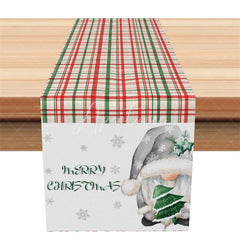 Aperturee - Aperturee Christmas Plaid Table Runner Red Green Tartan with Snowman Merry Christmas Holiday Table Decor