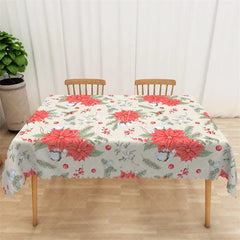 Aperturee - Aperturee Christmas Poinsettia Rectangle Tablecloth Beige with Red Flowers White Birds Holiday Table Cover