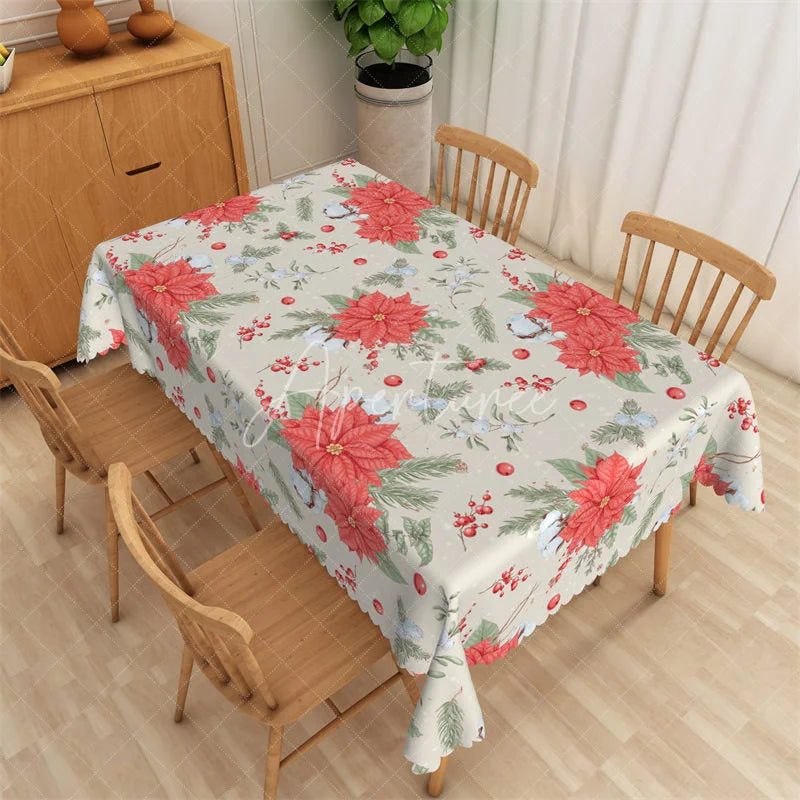 Aperturee - Aperturee Christmas Poinsettia Rectangle Tablecloth Beige with Red Flowers White Birds Holiday Table Cover