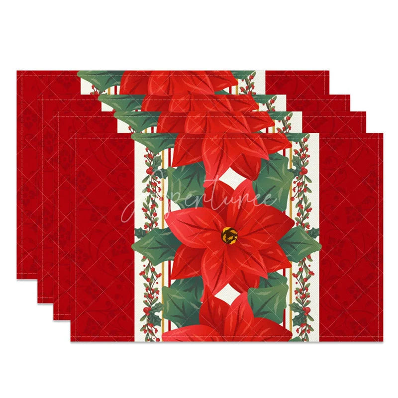 Aperturee - Aperturee Christmas Poinsettia Set of 4 Placemats Red Flower Table Runner Design Elegant Holiday Table Mats