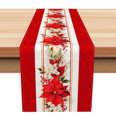 Aperturee - Aperturee Christmas Poinsettia Table Runner Red and Cream Floral Elegant Holiday Farmhouse Table Decor