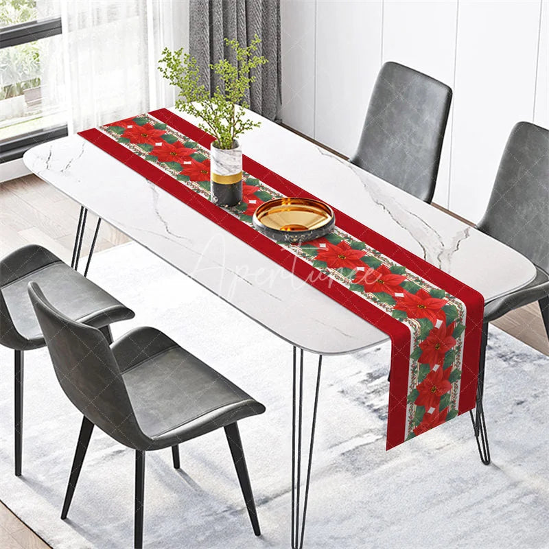 Aperturee - Aperturee Christmas Poinsettia Table Runner Red Floral Holiday Table Decor Elegant Farmhouse Dining