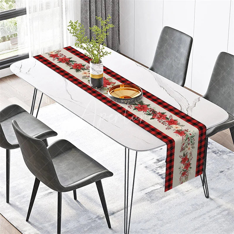 Aperturee - Aperturee Christmas Poinsettia Table Runner White Runner with Red Buffalo Plaid Border Farmhouse Table Decor