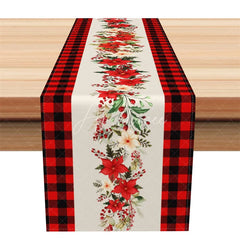 Aperturee - Aperturee Christmas Poinsettia Table Runner White Runner with Red Buffalo Plaid Border Farmhouse Table Decor