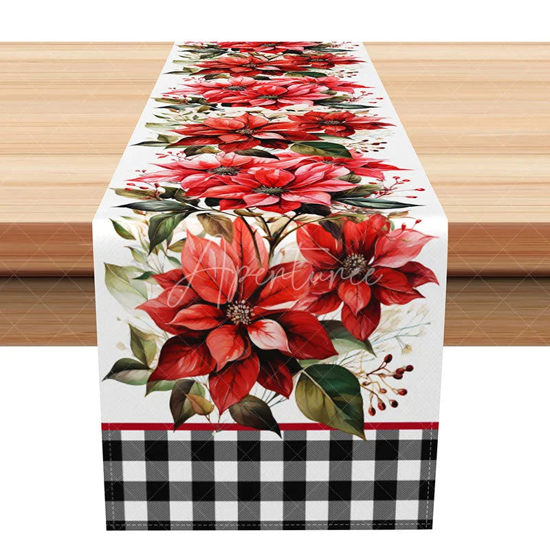 Aperturee - Aperturee Christmas Poinsettia with Black Buffalo Plaid Table Runner Red Floral Farmhouse Holiday Decor