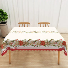Aperturee - Aperturee Christmas Rectangle Tablecloth White with Poinsettia Garland Elegant Holiday Table Cover Decor