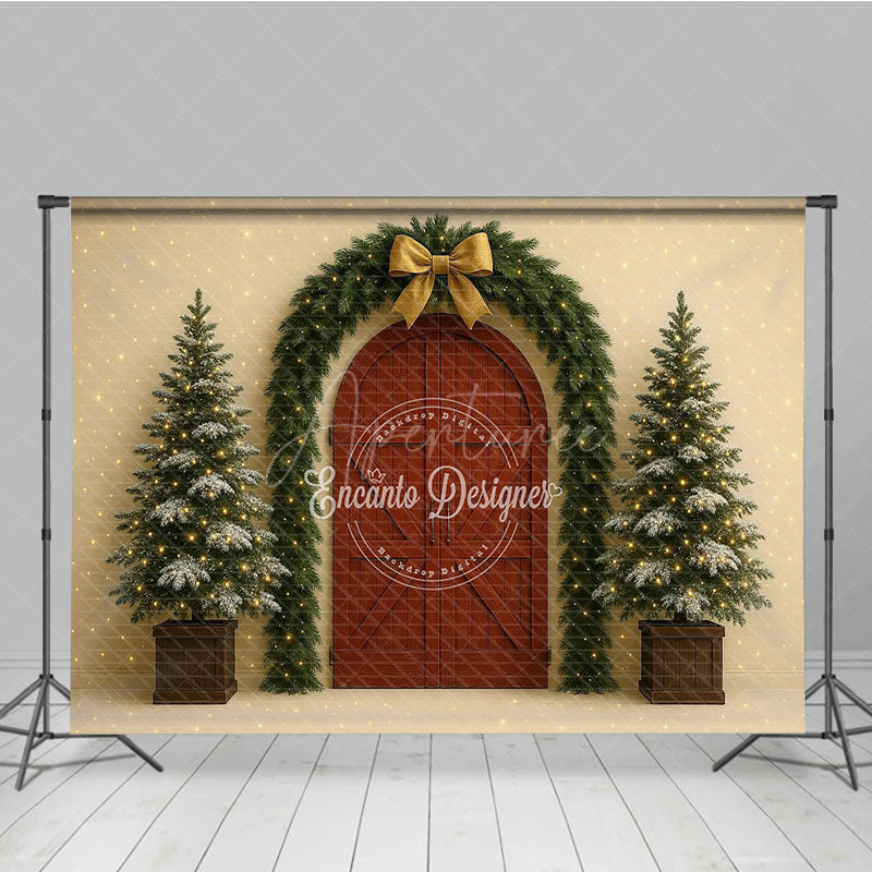 Aperturee - Aperturee Christmas Red Barn Door Photography Backdrop Rustic Garland Arch with Trees Farmhouse Holiday Photo Background