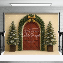Aperturee - Aperturee Christmas Red Barn Door Photography Backdrop Rustic Garland Arch with Trees Farmhouse Holiday Photo Background