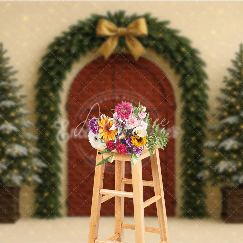 Aperturee - Aperturee Christmas Red Barn Door Photography Backdrop Rustic Garland Arch with Trees Farmhouse Holiday Photo Background