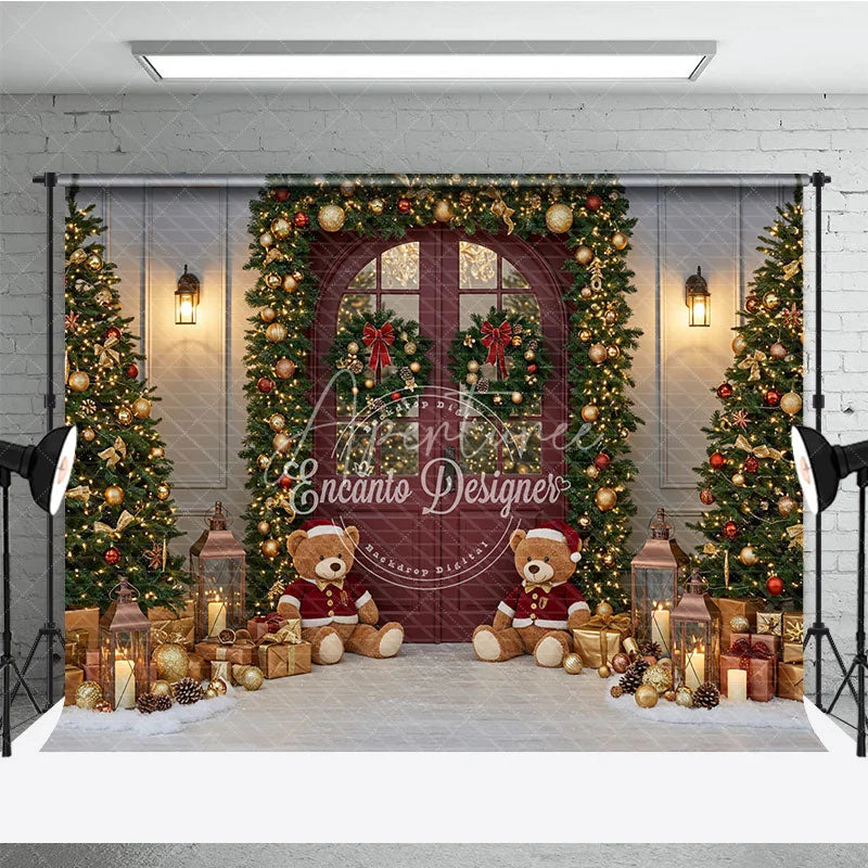 Aperturee - Aperturee Christmas Red Door Photography Backdrop Teddy Bears in the Snow with Garland Holiday Mini Session Background