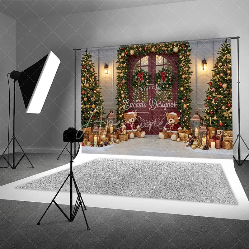 Aperturee - Aperturee Christmas Red Door Photography Backdrop Teddy Bears in the Snow with Garland Holiday Mini Session Background