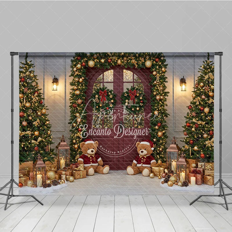 Aperturee - Aperturee Christmas Red Door Photography Backdrop Teddy Bears in the Snow with Garland Holiday Mini Session Background