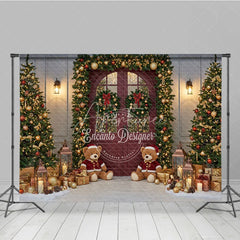 Aperturee - Aperturee Christmas Red Door Photography Backdrop Teddy Bears in the Snow with Garland Holiday Mini Session Background
