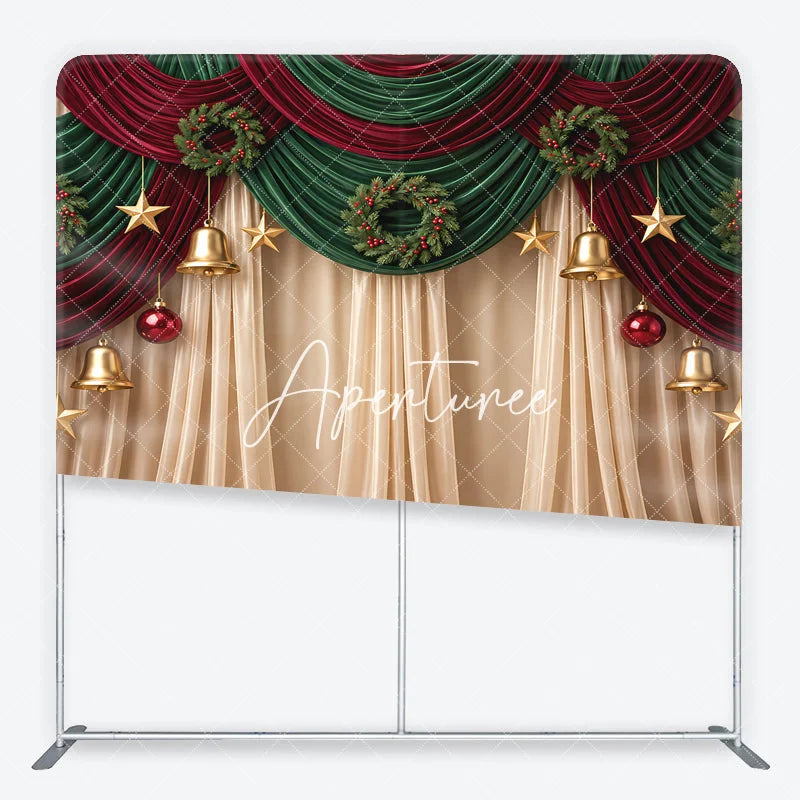 Aperturee - Aperturee Christmas Red Green Drapes Square Double-Sided Backdrop Velvet Wreaths Golden Bells Stars for Holiday Decor
