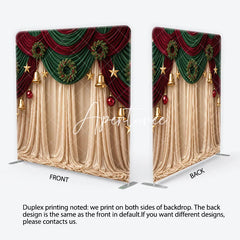 Aperturee - Aperturee Christmas Red Green Drapes Square Double-Sided Backdrop Velvet Wreaths Golden Bells Stars for Holiday Decor