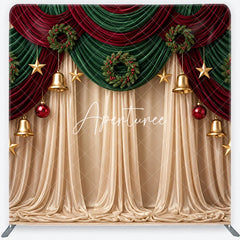Aperturee - Aperturee Christmas Red Green Drapes Square Double-Sided Backdrop Velvet Wreaths Golden Bells Stars for Holiday Decor