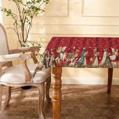 Aperturee - Aperturee Christmas Red Plaid Golden Stars Rectangle Tablecloth Nativity Scene Holiday Dinner Party Decor