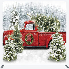 Aperturee - Aperturee Christmas Red Truck Tension Fabric Backdrop Snowy Forest Tree Decor Winter Holiday Theme Background for Party