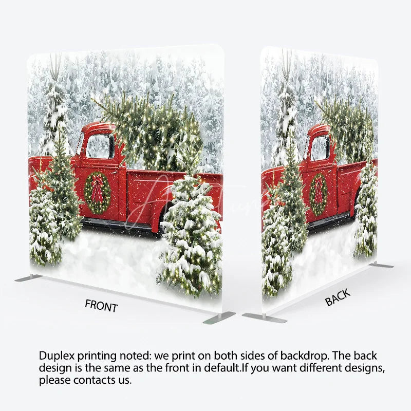 Aperturee - Aperturee Christmas Red Truck Tension Fabric Backdrop Snowy Forest Tree Decor Winter Holiday Theme Background for Party