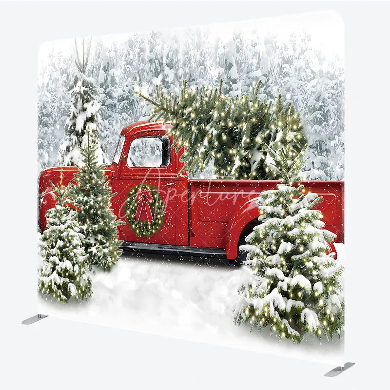 Aperturee - Aperturee Christmas Red Truck Tension Fabric Backdrop Snowy Forest Tree Decor Winter Holiday Theme Background for Party