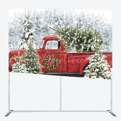 Aperturee - Aperturee Christmas Red Truck Tension Fabric Backdrop Snowy Forest Tree Decor Winter Holiday Theme Background for Party