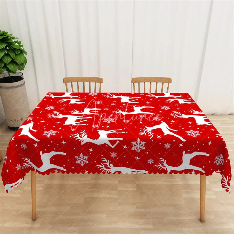 Aperturee - Aperturee Christmas Reindeer Rectangle Tablecloth Red with White Deer Silhouette Snowflake Winter Holiday Table Cover
