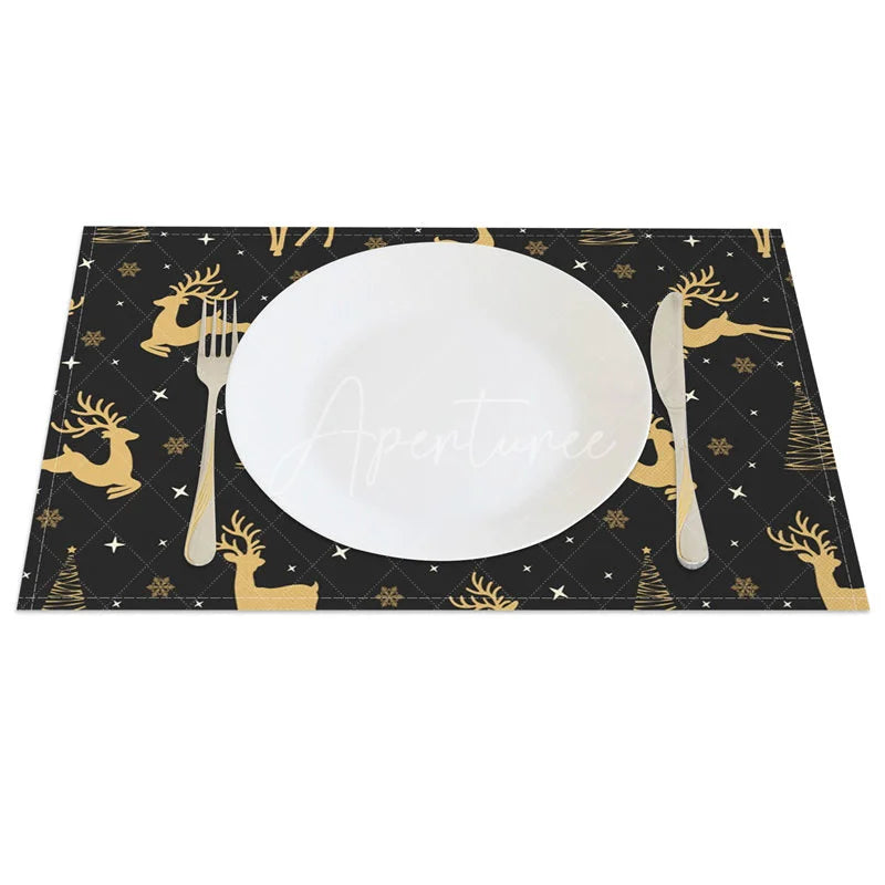 Aperturee - Aperturee Christmas Reindeer Set of 4 Placemats Black and Gold Deer Elegant Xmas Tree Holiday Table Mats