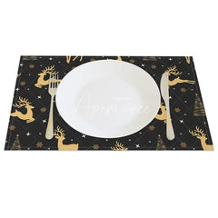 Aperturee - Aperturee Christmas Reindeer Set of 4 Placemats Black and Gold Deer Elegant Xmas Tree Holiday Table Mats