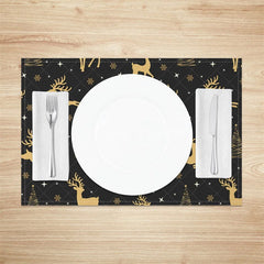 Aperturee - Aperturee Christmas Reindeer Set of 4 Placemats Black and Gold Deer Elegant Xmas Tree Holiday Table Mats