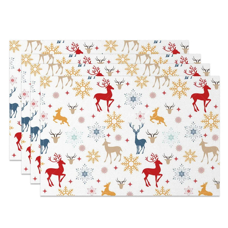 Aperturee - Aperturee Christmas Reindeer Set of 4 Placemats Colorful Deer Silhouette Red Blue Gold Snowflakes Winter Table Mats