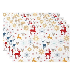 Aperturee - Aperturee Christmas Reindeer Set of 4 Placemats Colorful Deer Silhouette Red Blue Gold Snowflakes Winter Table Mats