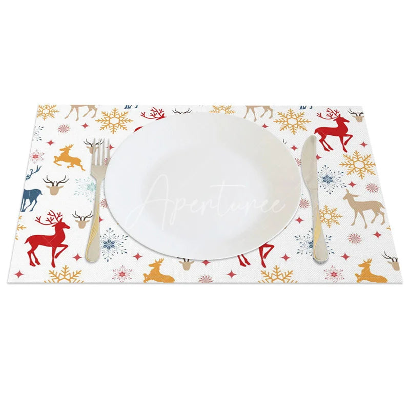 Aperturee - Aperturee Christmas Reindeer Set of 4 Placemats Colorful Deer Silhouette Red Blue Gold Snowflakes Winter Table Mats