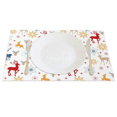 Aperturee - Aperturee Christmas Reindeer Set of 4 Placemats Colorful Deer Silhouette Red Blue Gold Snowflakes Winter Table Mats