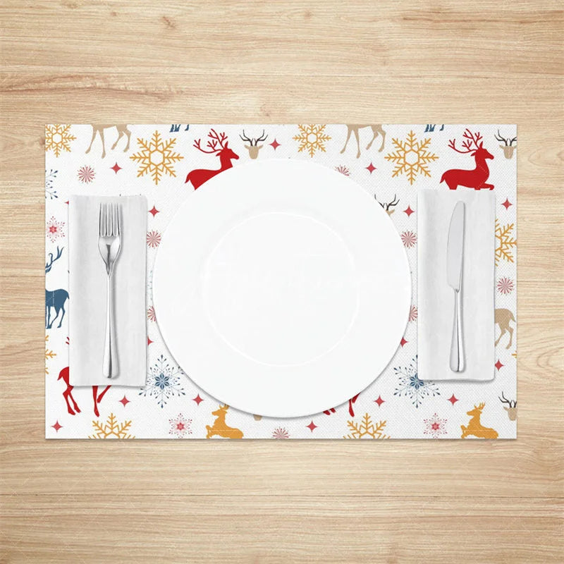 Aperturee - Aperturee Christmas Reindeer Set of 4 Placemats Colorful Deer Silhouette Red Blue Gold Snowflakes Winter Table Mats